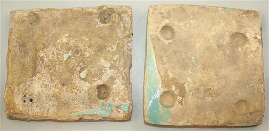 4 Damascan tiles and 2 turquoise glazed pottery tiles, average 20cm x 20cm